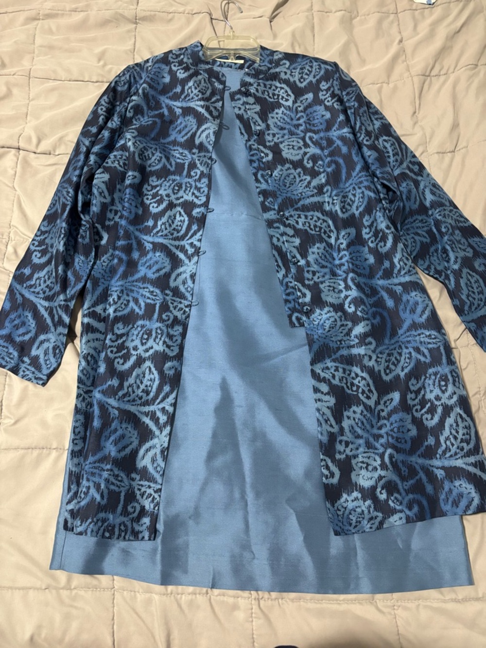 Blue Patterned Women's Coat with dress Elegant Open Front